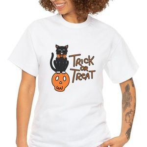 Trick Or Treat Halloween Cat on Skull Short Sleeve T Shirt - Orange Black White